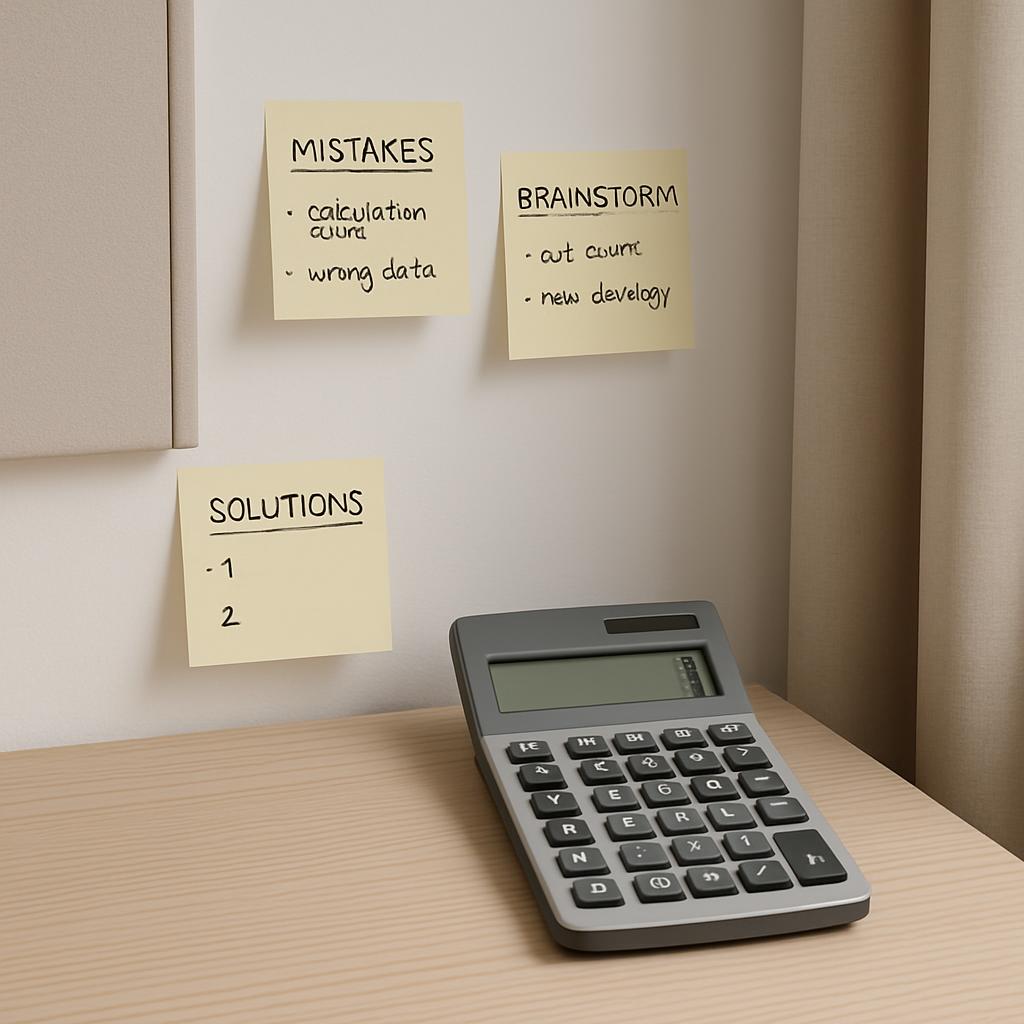 Calculator sitting on a desk below on the right side of some 'MISTAKES', 'SOLUTIONS' and 'BRAINSTORM' sticky note reminder...