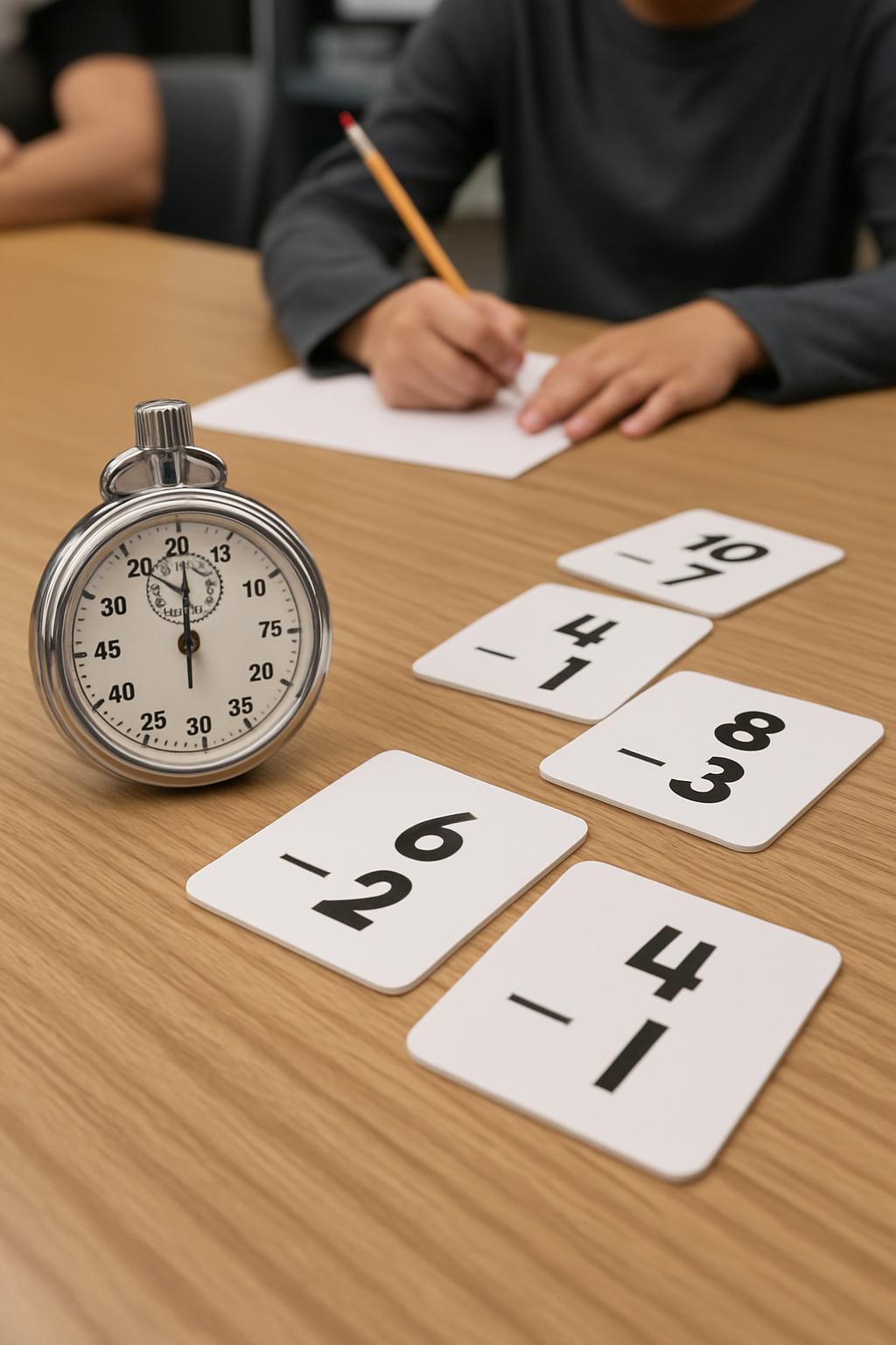 A metal stopwatch is placed on a wooden table. Around it, are square white cards, printed with the mathematical operations...